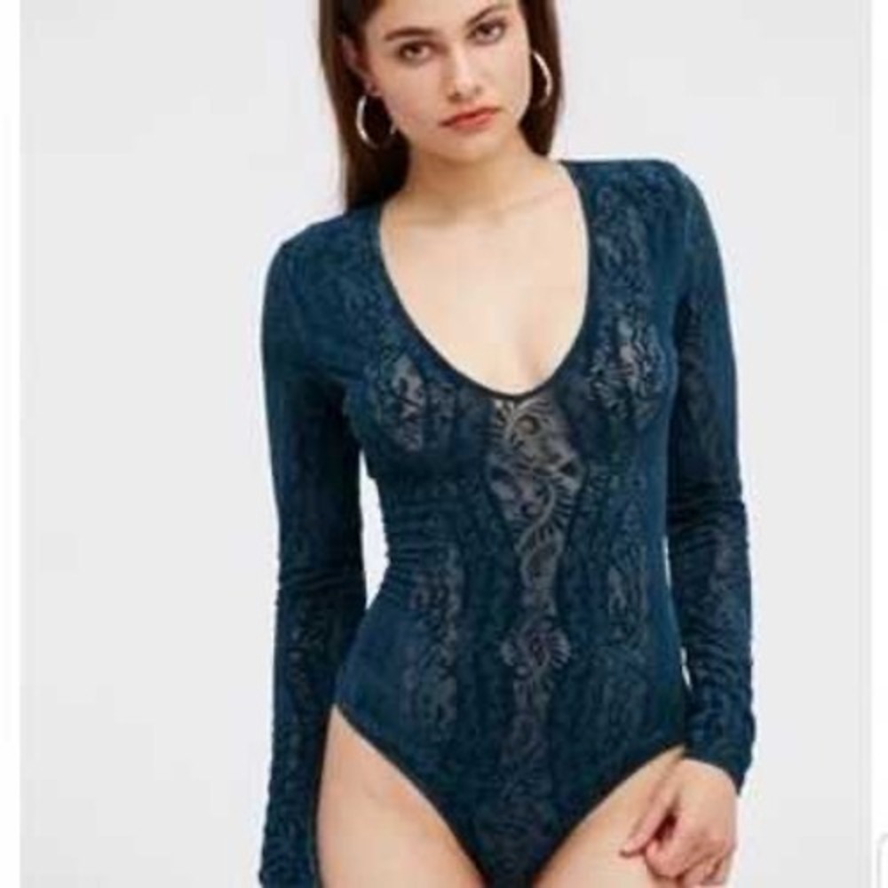 Free People Intimately Teal Burnout Velvet Damask Long Sleeve Bodysuit Medium